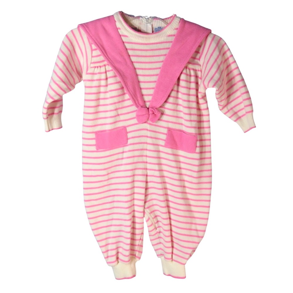 VTG Baby Kisses SWEATER KNIT LONG LEG ROMPER Pink Stripes SAILOR COLLAR sz 18M